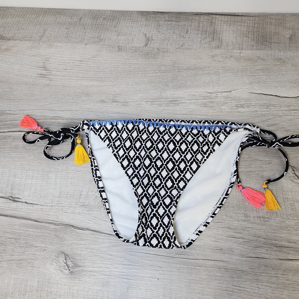 Xhilaration Women's Large Swim Bottom Black White Adjustable Tassel Diamond